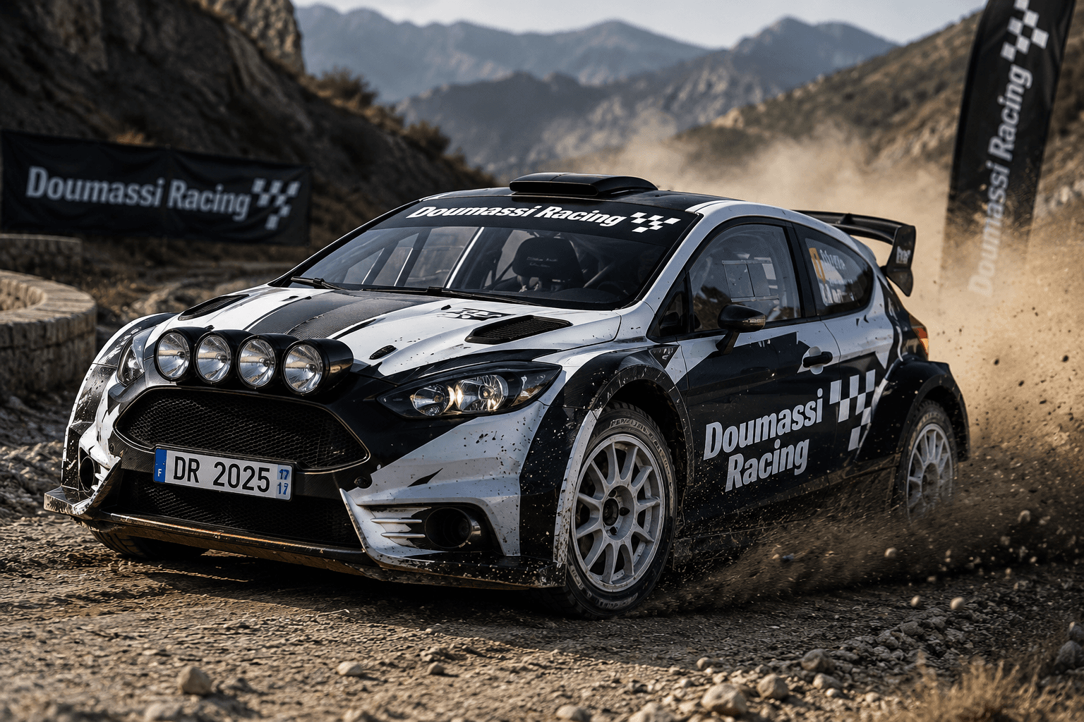 Voiture de rallye aux couleurs Doumassi Racing, en action sur une piste de montagne